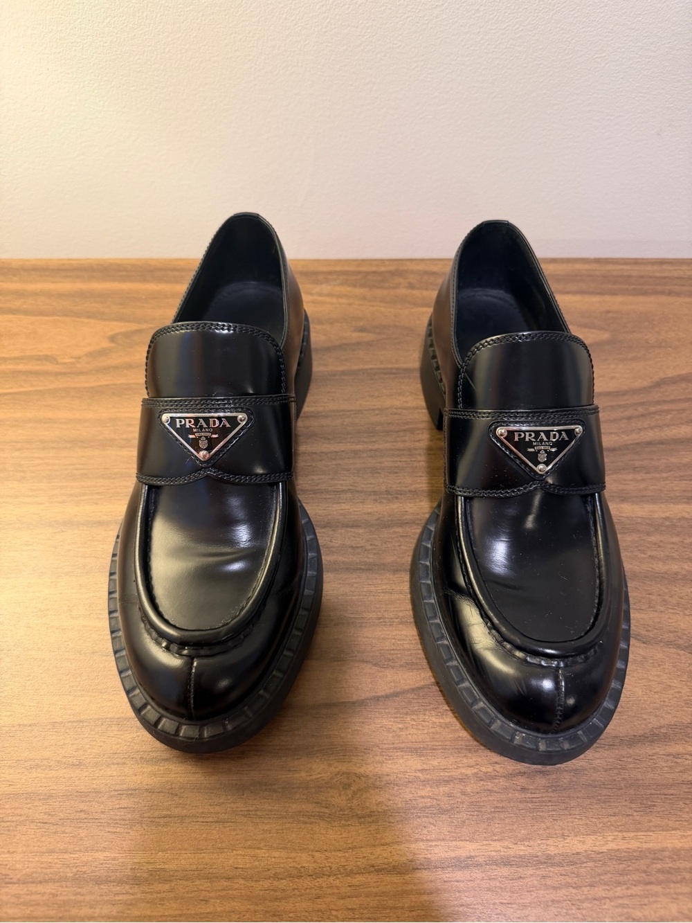 Prada Leather Triangle Logo Black Loafers - Picture 5 of 15